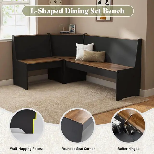 Alt view image 5 of 7 - Corner Dining Set with Storage, 3 Piece Breakfast Nook, Black Oak | 3 Pieces Dining Set for Small Spaces, Hidden Storage, L Shaped Layout, Space Saving Furniture, Kitchen Dining Area