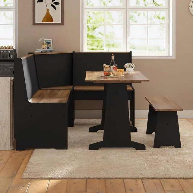 Main image of Corner Dining Set with Storage, 3 Piece Breakfast Nook, Black Oak | 3 Pieces Dining Set for Small Spaces, Hidden Storage, L Shaped Layout, Space Saving Furniture, Kitchen Dining Area