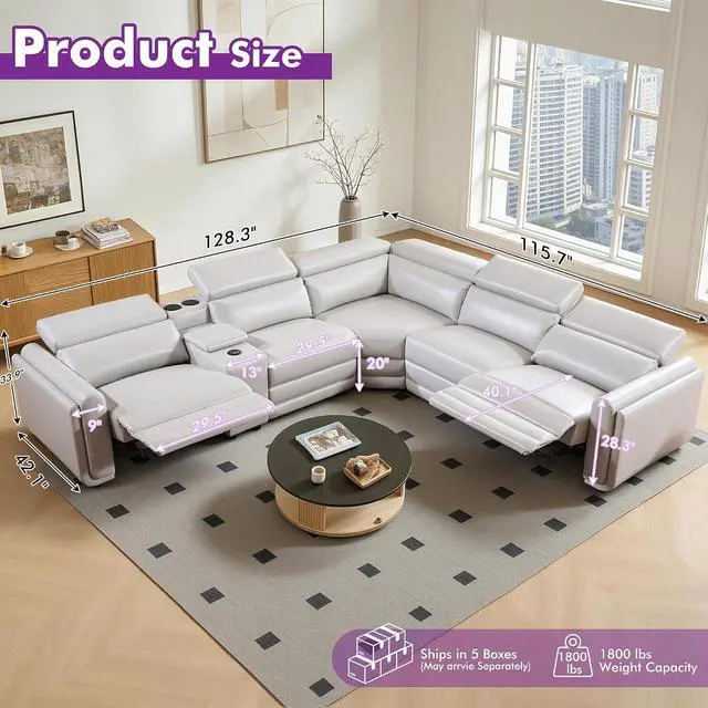 Alt view image 2 of 7 - Power Recliner Sofa, Electric Reclining Sofa with Console & Dual Recliner, Leather Sectional Couch for Living Room, Light Grey