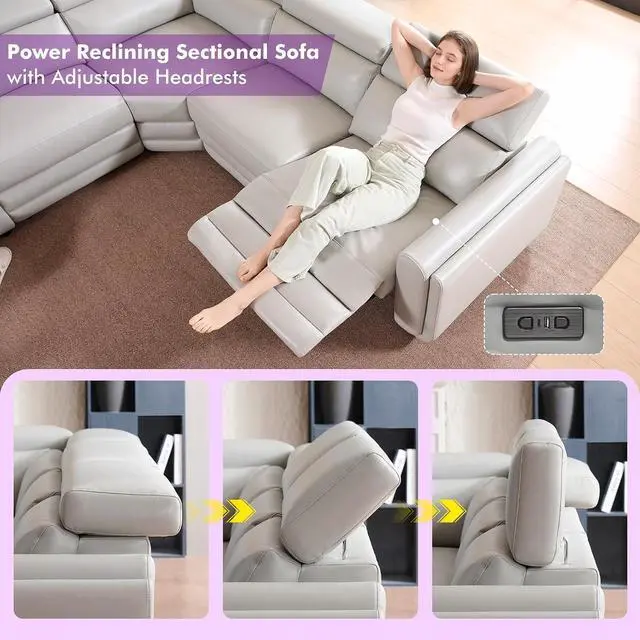 Alt view image 3 of 7 - Power Recliner Sofa, Electric Reclining Sofa with Console & Dual Recliner, Leather Sectional Couch for Living Room, Light Grey