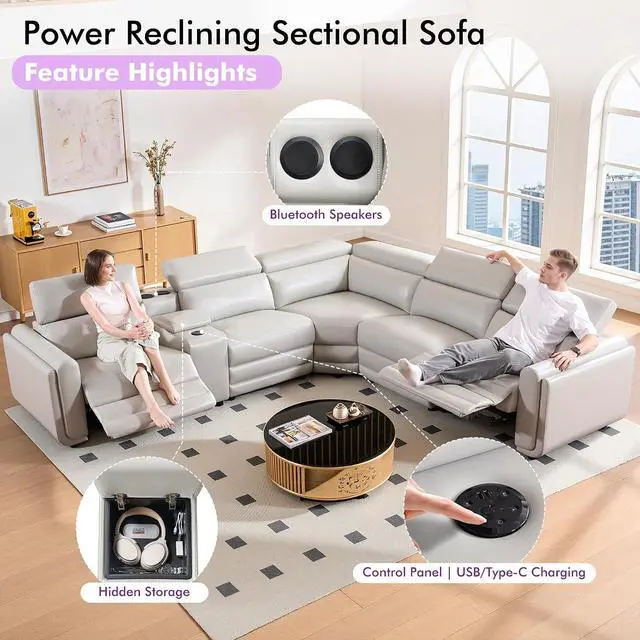 Alt view image 4 of 7 - Power Recliner Sofa, Electric Reclining Sofa with Console & Dual Recliner, Leather Sectional Couch for Living Room, Light Grey