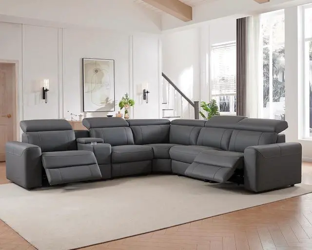 Main image of Power Recliner Sectional Sofa with Storage/USB Port, Leather Recliner Sofa with Adjustable Headrest, Reclining Sectional Couches with Console and Cup Holder for Living Room (Gray, 5-Seater)