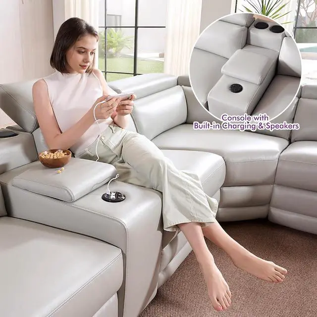 Alt view image 5 of 7 - Power Recliner Sofa, Electric Reclining Sofa with Console & Dual Recliner, Leather Sectional Couch for Living Room, Light Grey