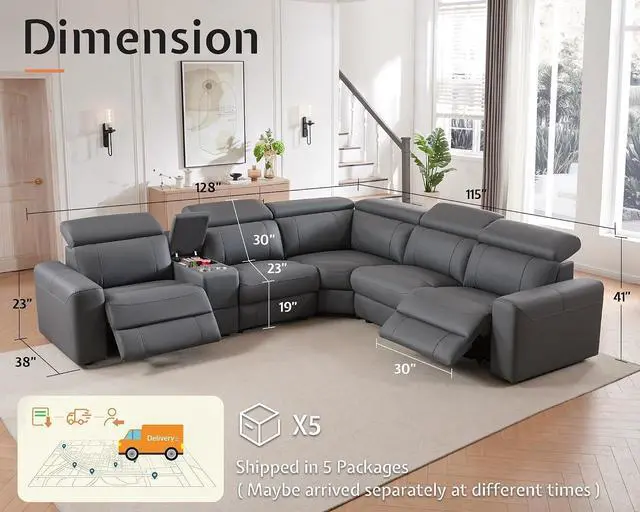 Alt view image 2 of 7 - Power Recliner Sectional Sofa with Storage/USB Port, Leather Recliner Sofa with Adjustable Headrest, Reclining Sectional Couches with Console and Cup Holder for Living Room (Gray, 5-Seater)