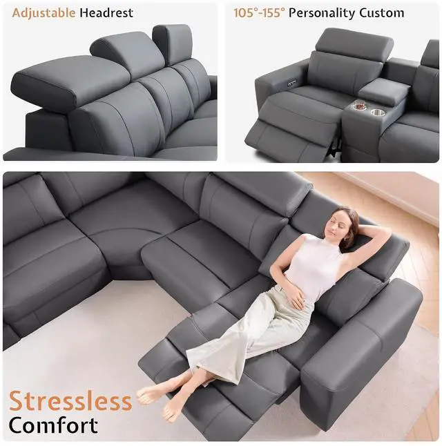 Alt view image 3 of 7 - Power Recliner Sectional Sofa with Storage/USB Port, Leather Recliner Sofa with Adjustable Headrest, Reclining Sectional Couches with Console and Cup Holder for Living Room (Gray, 5-Seater)