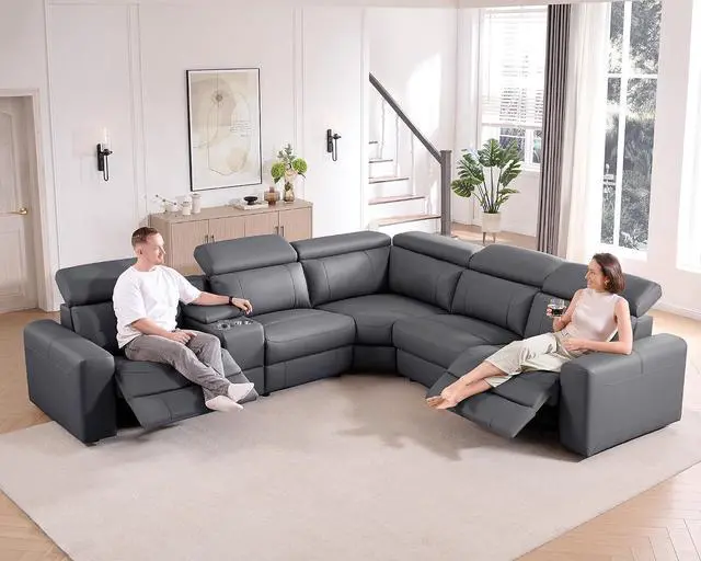 Alt view image 4 of 7 - Power Recliner Sectional Sofa with Storage/USB Port, Leather Recliner Sofa with Adjustable Headrest, Reclining Sectional Couches with Console and Cup Holder for Living Room (Gray, 5-Seater)