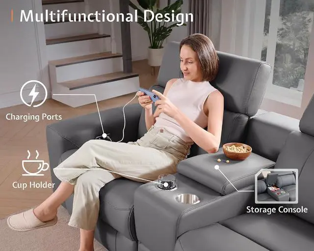 Alt view image 5 of 7 - Power Recliner Sectional Sofa with Storage/USB Port, Leather Recliner Sofa with Adjustable Headrest, Reclining Sectional Couches with Console and Cup Holder for Living Room (Gray, 5-Seater)