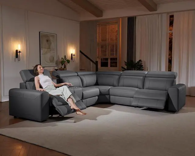 Alt view image 6 of 7 - Power Recliner Sectional Sofa with Storage/USB Port, Leather Recliner Sofa with Adjustable Headrest, Reclining Sectional Couches with Console and Cup Holder for Living Room (Gray, 5-Seater)