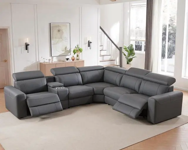 Alt view image 7 of 7 - Power Recliner Sectional Sofa with Storage/USB Port, Leather Recliner Sofa with Adjustable Headrest, Reclining Sectional Couches with Console and Cup Holder for Living Room (Gray, 5-Seater)