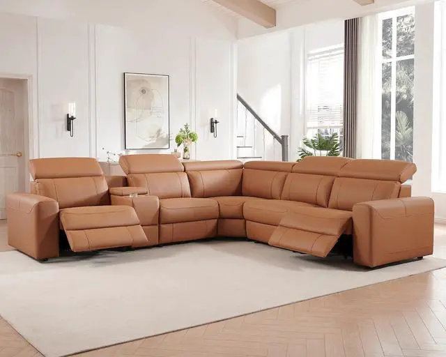 Main image of Power Recliner Sectional Sofa with Storage/USB Port, Leather Recliner Sofa with Adjustable Headrest, Reclining Sectional Couches with Console and Cup Holder for Living Room (Brown, 5-Seater)
