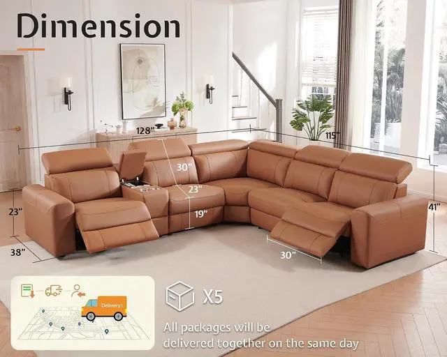 Alt view image 2 of 7 - Power Recliner Sectional Sofa with Storage/USB Port, Leather Recliner Sofa with Adjustable Headrest, Reclining Sectional Couches with Console and Cup Holder for Living Room (Brown, 5-Seater)