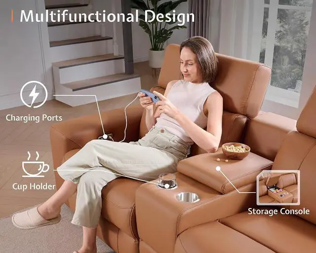 Alt view image 5 of 7 - Power Recliner Sectional Sofa with Storage/USB Port, Leather Recliner Sofa with Adjustable Headrest, Reclining Sectional Couches with Console and Cup Holder for Living Room (Brown, 5-Seater)