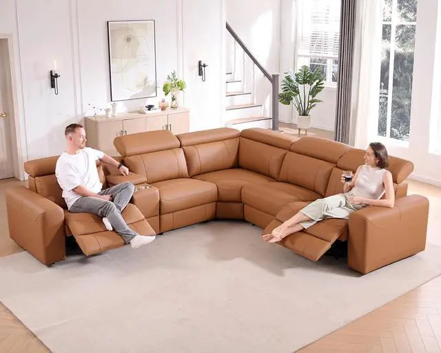 Alt view image 4 of 7 - Power Recliner Sectional Sofa with Storage/USB Port, Leather Recliner Sofa with Adjustable Headrest, Reclining Sectional Couches with Console and Cup Holder for Living Room (Brown, 5-Seater)