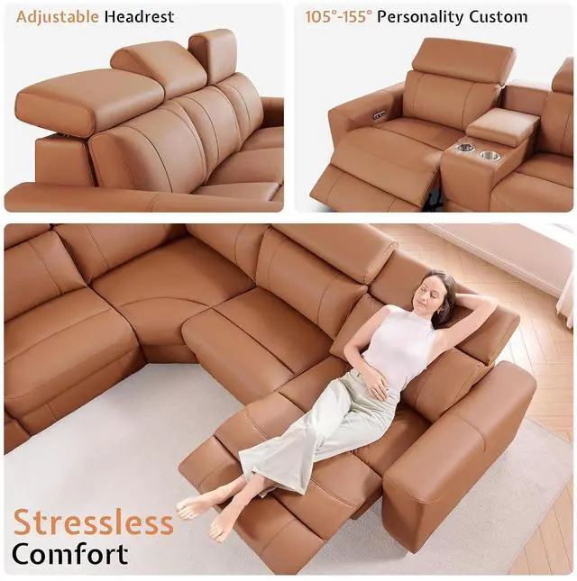 Alt view image 3 of 7 - Power Recliner Sectional Sofa with Storage/USB Port, Leather Recliner Sofa with Adjustable Headrest, Reclining Sectional Couches with Console and Cup Holder for Living Room (Brown, 5-Seater)