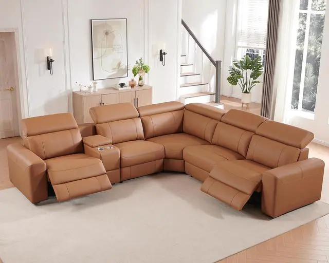 Alt view image 7 of 7 - Power Recliner Sectional Sofa with Storage/USB Port, Leather Recliner Sofa with Adjustable Headrest, Reclining Sectional Couches with Console and Cup Holder for Living Room (Brown, 5-Seater)