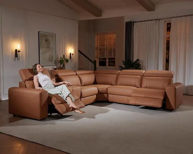 Alt view image 6 of 7 - Power Recliner Sectional Sofa with Storage/USB Port, Leather Recliner Sofa with Adjustable Headrest, Reclining Sectional Couches with Console and Cup Holder for Living Room (Brown, 5-Seater)