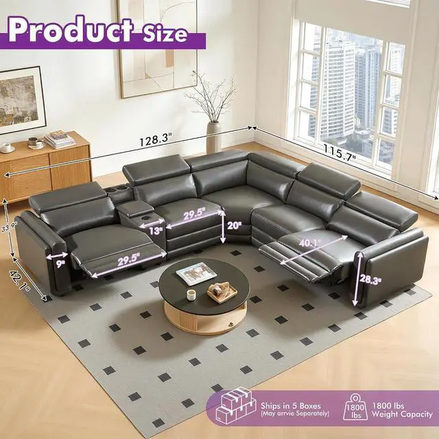 Alt view image 2 of 7 - Power Recliner Sofa, Electric Reclining Sofa with Console & Dual Recliner, Leather Sectional Couch for Living Room, Dark Grey