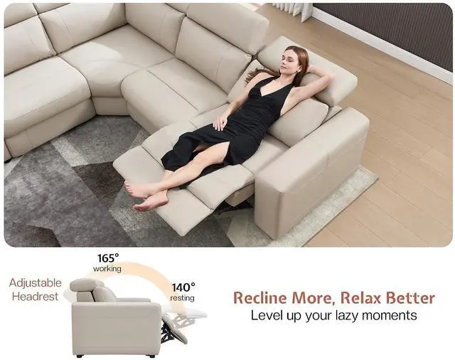 Alt view image 3 of 7 - Power Recliner Sectional Sofa with Storage/USB Port, Leather Recliner Sofa with Adjustable Headrest, Reclining Sectional Couches with Console and Cup Holder for Living Room (Beige Brown)
