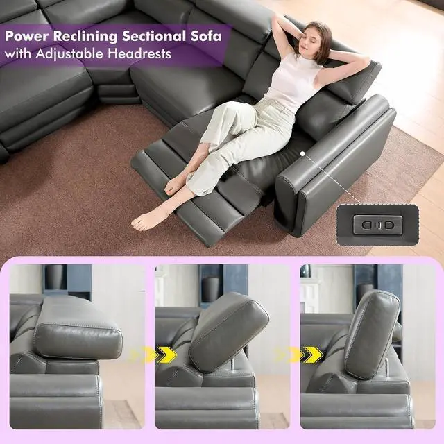 Alt view image 3 of 7 - Power Recliner Sofa, Electric Reclining Sofa with Console & Dual Recliner, Leather Sectional Couch for Living Room, Dark Grey