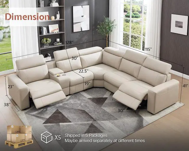 Alt view image 2 of 7 - Power Recliner Sectional Sofa with Storage/USB Port, Leather Recliner Sofa with Adjustable Headrest, Reclining Sectional Couches with Console and Cup Holder for Living Room (Beige Brown)