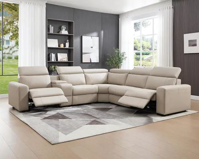 Main image of Power Recliner Sectional Sofa with Storage/USB Port, Leather Recliner Sofa with Adjustable Headrest, Reclining Sectional Couches with Console and Cup Holder for Living Room (Beige Brown)
