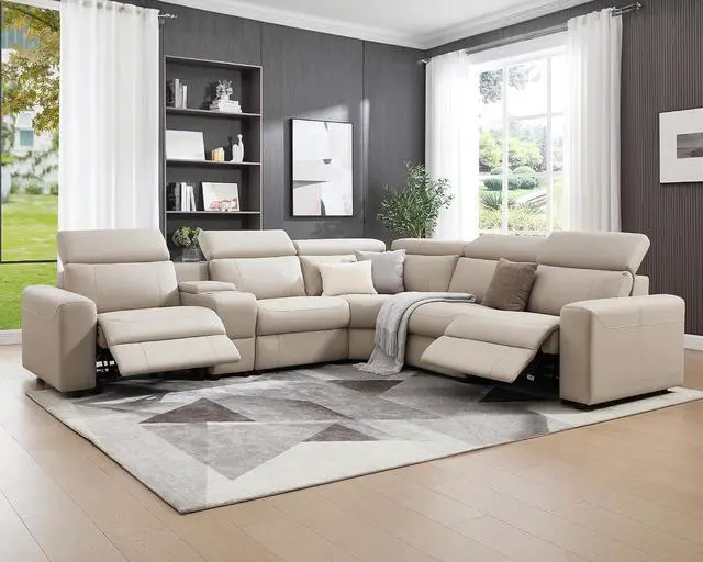 Alt view image 4 of 7 - Power Recliner Sectional Sofa with Storage/USB Port, Leather Recliner Sofa with Adjustable Headrest, Reclining Sectional Couches with Console and Cup Holder for Living Room (Beige Brown)