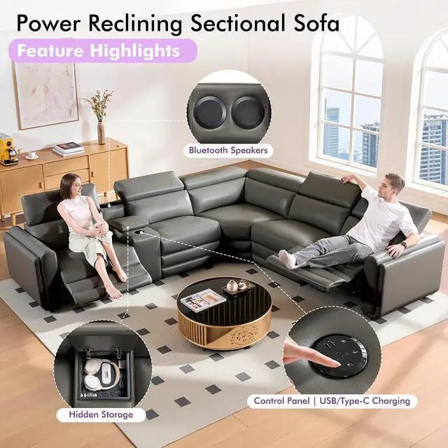 Alt view image 4 of 7 - Power Recliner Sofa, Electric Reclining Sofa with Console & Dual Recliner, Leather Sectional Couch for Living Room, Dark Grey