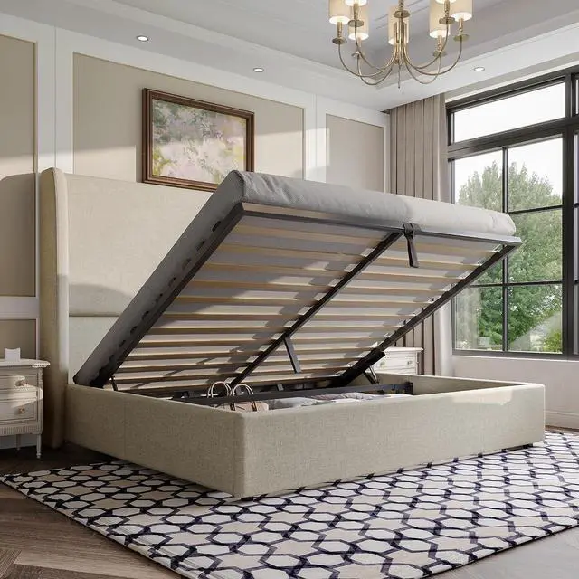 Main image of Lift Up Storage Bed Queen Size Linen Upholstered Platform Bed Frame, Hydraulic Storage,Modern Wingback Headboard, No Box Spring Needed, Khaki