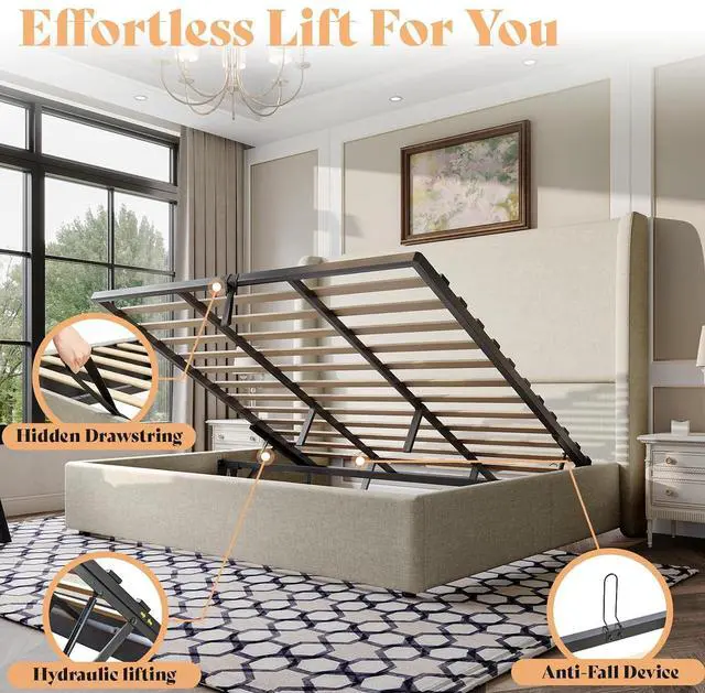 Alt view image 3 of 7 - Lift Up Storage Bed King Size Linen Upholstered Platform Bed Frame, Hydraulic Storage,Modern Wingback Headboard, No Box Spring Needed, Khaki