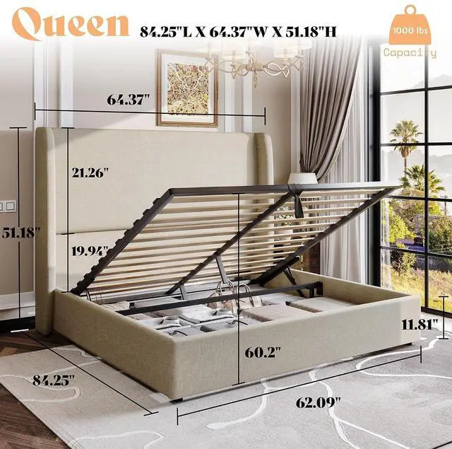 Alt view image 2 of 7 - Lift Up Storage Bed Queen Size Linen Upholstered Platform Bed Frame, Hydraulic Storage,Modern Wingback Headboard, No Box Spring Needed, Khaki