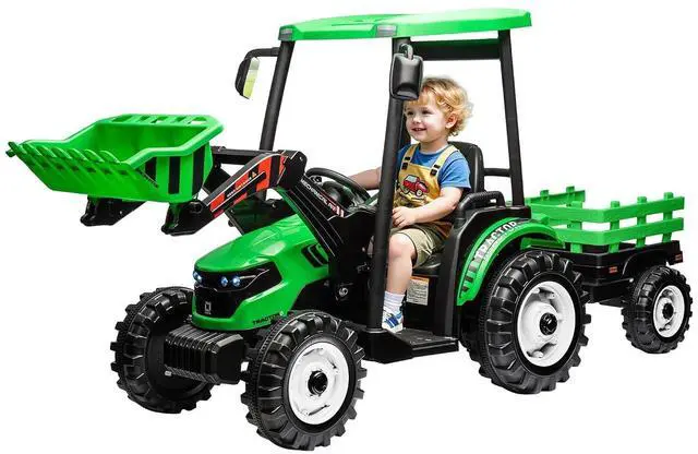 Main image of 24V Ride on Tractor for Kids with Trailer & Front Loader, 3-in-1 Electric Construction Vehicle, Dual Motors, All-Terrain Wheels, LED Lights, Outdoor Gift for Boys Girls Ages 3-8 (Green)