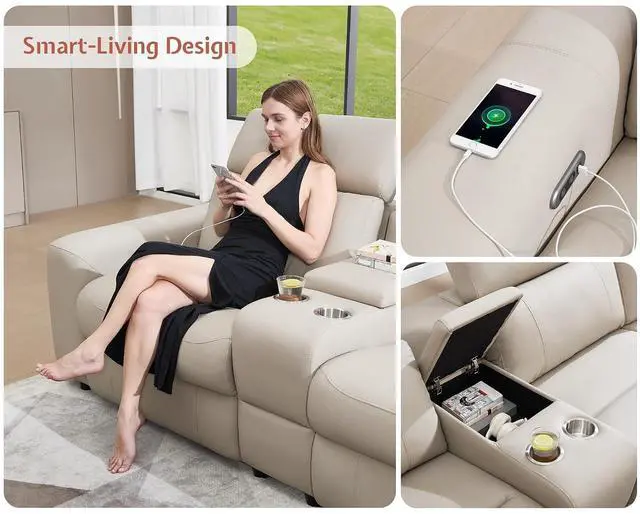 Alt view image 5 of 7 - Power Recliner Sectional Sofa with Storage/USB Port, Leather Recliner Sofa with Adjustable Headrest, Reclining Sectional Couches with Console and Cup Holder for Living Room (Beige Brown)