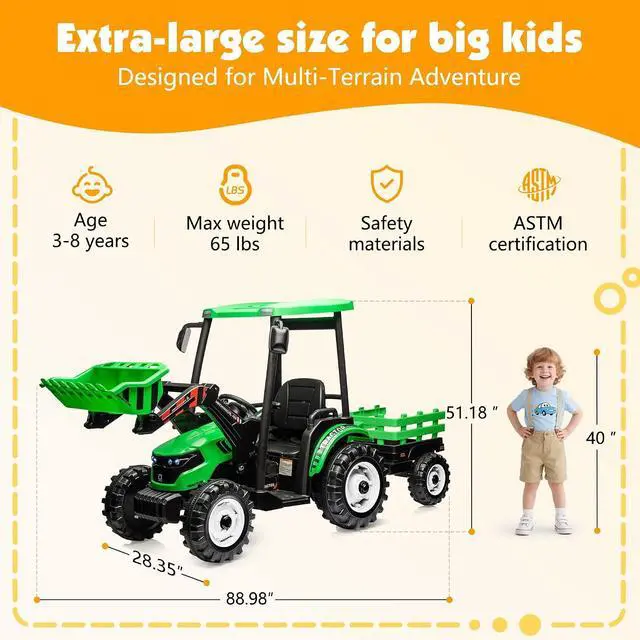Alt view image 2 of 7 - 24V Ride on Tractor for Kids with Trailer & Front Loader, 3-in-1 Electric Construction Vehicle, Dual Motors, All-Terrain Wheels, LED Lights, Outdoor Gift for Boys Girls Ages 3-8 (Green)