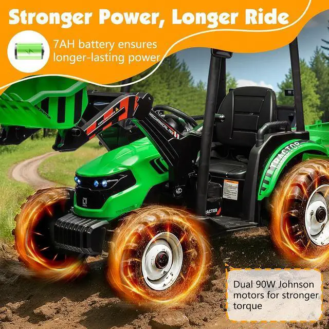 Alt view image 3 of 7 - 24V Ride on Tractor for Kids with Trailer & Front Loader, 3-in-1 Electric Construction Vehicle, Dual Motors, All-Terrain Wheels, LED Lights, Outdoor Gift for Boys Girls Ages 3-8 (Green)