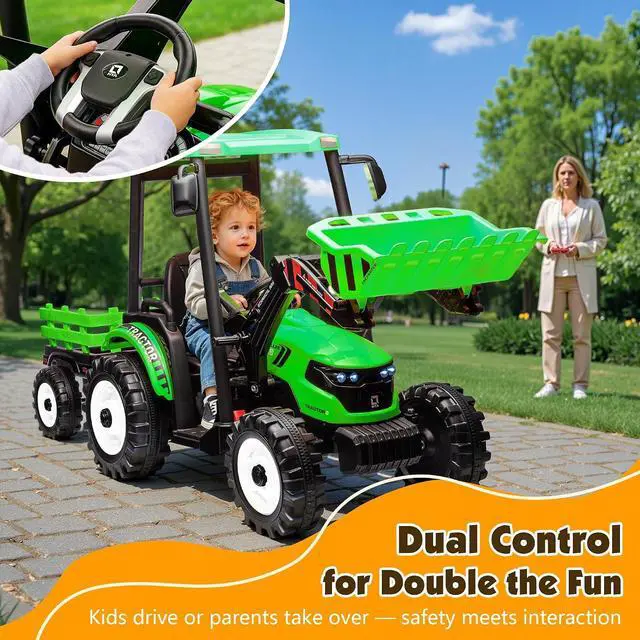 Alt view image 5 of 7 - 24V Ride on Tractor for Kids with Trailer & Front Loader, 3-in-1 Electric Construction Vehicle, Dual Motors, All-Terrain Wheels, LED Lights, Outdoor Gift for Boys Girls Ages 3-8 (Green)