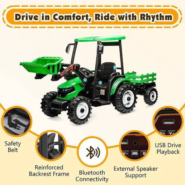 Alt view image 7 of 7 - 24V Ride on Tractor for Kids with Trailer & Front Loader, 3-in-1 Electric Construction Vehicle, Dual Motors, All-Terrain Wheels, LED Lights, Outdoor Gift for Boys Girls Ages 3-8 (Green)