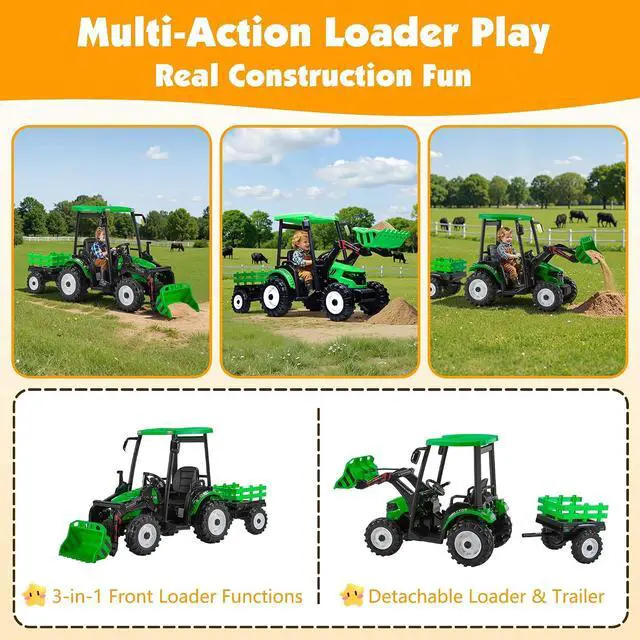 Alt view image 4 of 7 - 24V Ride on Tractor for Kids with Trailer & Front Loader, 3-in-1 Electric Construction Vehicle, Dual Motors, All-Terrain Wheels, LED Lights, Outdoor Gift for Boys Girls Ages 3-8 (Green)