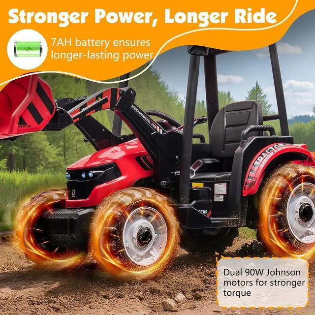 Alt view image 3 of 7 - 24V Ride on Tractor for Kids with Trailer & Front Loader, 3-in-1 Electric Construction Vehicle, Dual Motors, All-Terrain Wheels, LED Lights, Outdoor Gift for Boys Girls Ages 3-8 (Red)