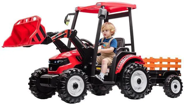 Main image of 24V Ride on Tractor for Kids with Trailer & Front Loader, 3-in-1 Electric Construction Vehicle, Dual Motors, All-Terrain Wheels, LED Lights, Outdoor Gift for Boys Girls Ages 3-8 (Red)