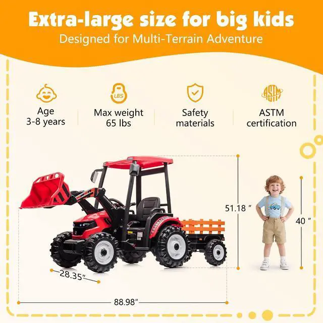 Alt view image 2 of 7 - 24V Ride on Tractor for Kids with Trailer & Front Loader, 3-in-1 Electric Construction Vehicle, Dual Motors, All-Terrain Wheels, LED Lights, Outdoor Gift for Boys Girls Ages 3-8 (Red)