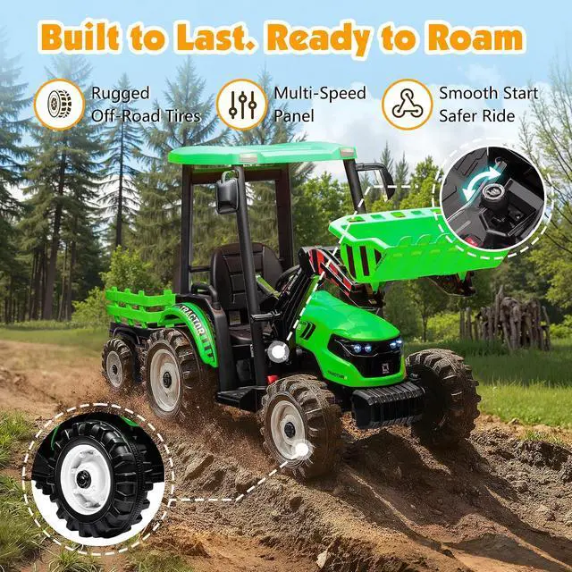 Alt view image 6 of 7 - 24V Ride on Tractor for Kids with Trailer & Front Loader, 3-in-1 Electric Construction Vehicle, Dual Motors, All-Terrain Wheels, LED Lights, Outdoor Gift for Boys Girls Ages 3-8 (Green)