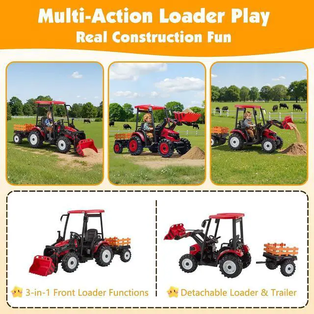 Alt view image 4 of 7 - 24V Ride on Tractor for Kids with Trailer & Front Loader, 3-in-1 Electric Construction Vehicle, Dual Motors, All-Terrain Wheels, LED Lights, Outdoor Gift for Boys Girls Ages 3-8 (Red)