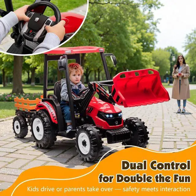 Alt view image 5 of 7 - 24V Ride on Tractor for Kids with Trailer & Front Loader, 3-in-1 Electric Construction Vehicle, Dual Motors, All-Terrain Wheels, LED Lights, Outdoor Gift for Boys Girls Ages 3-8 (Red)