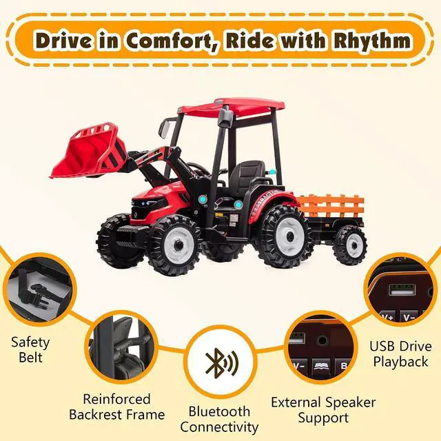 Alt view image 7 of 7 - 24V Ride on Tractor for Kids with Trailer & Front Loader, 3-in-1 Electric Construction Vehicle, Dual Motors, All-Terrain Wheels, LED Lights, Outdoor Gift for Boys Girls Ages 3-8 (Red)