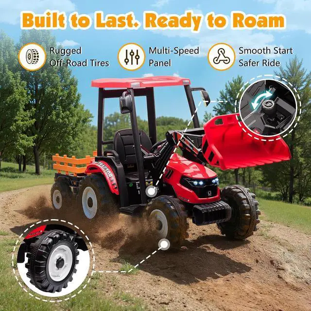 Alt view image 6 of 7 - 24V Ride on Tractor for Kids with Trailer & Front Loader, 3-in-1 Electric Construction Vehicle, Dual Motors, All-Terrain Wheels, LED Lights, Outdoor Gift for Boys Girls Ages 3-8 (Red)