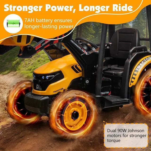 Alt view image 3 of 7 - 24V Ride on Tractor for Kids with Trailer & Front Loader, 3-in-1 Electric Construction Vehicle, Dual Motors, All-Terrain Wheels, LED Lights, Outdoor Gift for Boys Girls Ages 3-8 (Yellow)