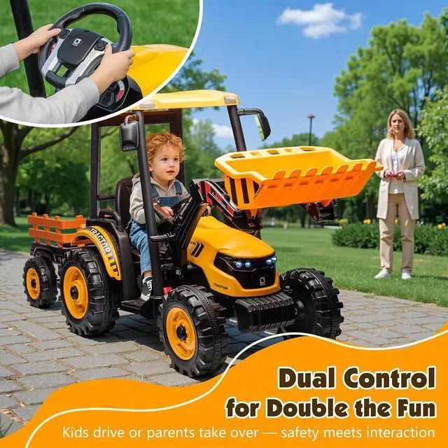 Alt view image 5 of 7 - 24V Ride on Tractor for Kids with Trailer & Front Loader, 3-in-1 Electric Construction Vehicle, Dual Motors, All-Terrain Wheels, LED Lights, Outdoor Gift for Boys Girls Ages 3-8 (Yellow)