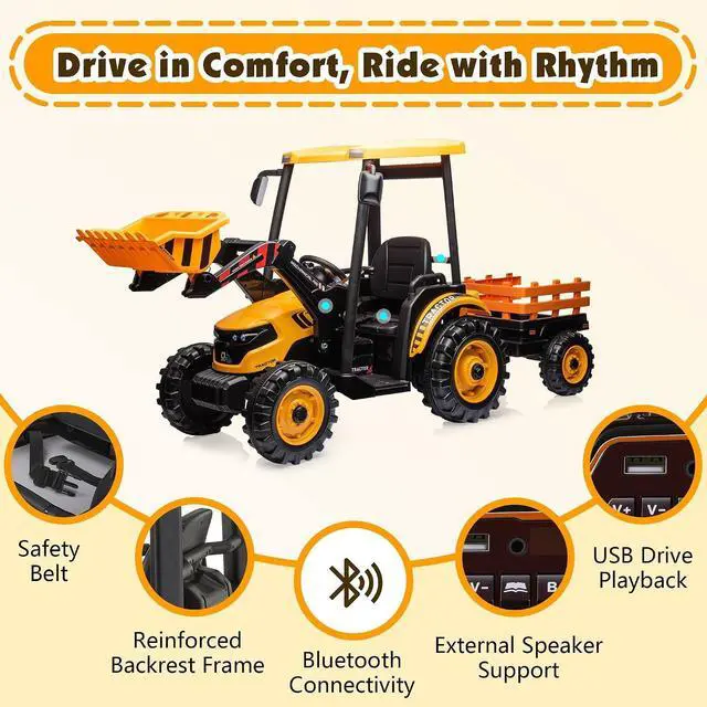 Alt view image 7 of 7 - 24V Ride on Tractor for Kids with Trailer & Front Loader, 3-in-1 Electric Construction Vehicle, Dual Motors, All-Terrain Wheels, LED Lights, Outdoor Gift for Boys Girls Ages 3-8 (Yellow)