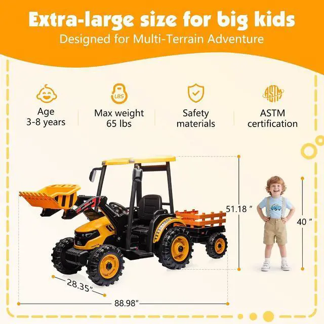 Alt view image 2 of 7 - 24V Ride on Tractor for Kids with Trailer & Front Loader, 3-in-1 Electric Construction Vehicle, Dual Motors, All-Terrain Wheels, LED Lights, Outdoor Gift for Boys Girls Ages 3-8 (Yellow)