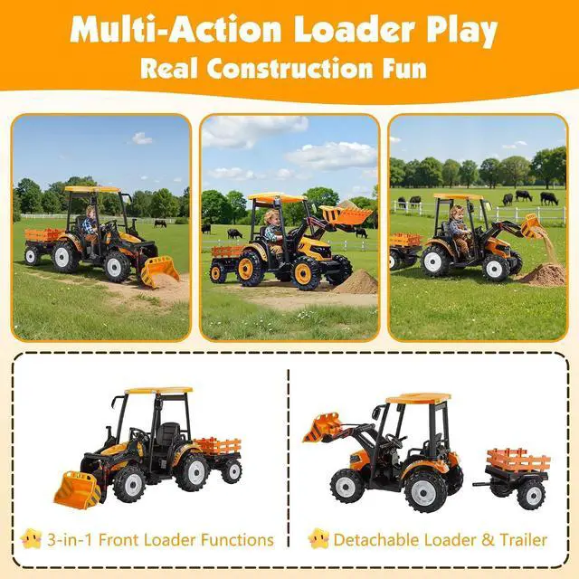 Alt view image 4 of 7 - 24V Ride on Tractor for Kids with Trailer & Front Loader, 3-in-1 Electric Construction Vehicle, Dual Motors, All-Terrain Wheels, LED Lights, Outdoor Gift for Boys Girls Ages 3-8 (Yellow)